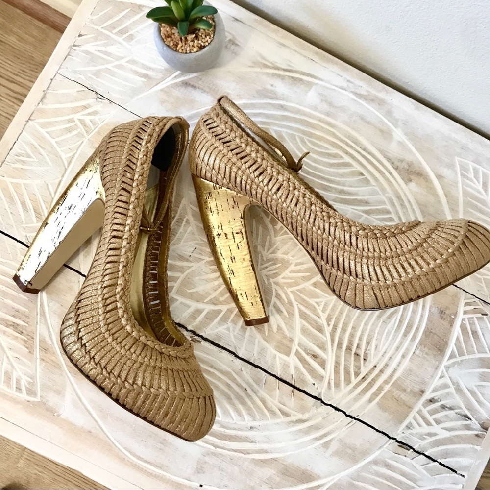 Zinc Josie Gold Cork Heels Platform Crochet Shoes Gem